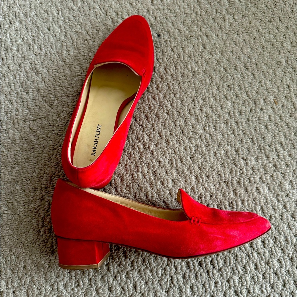 Sarah Flint Red Suede Block Heel Loafers